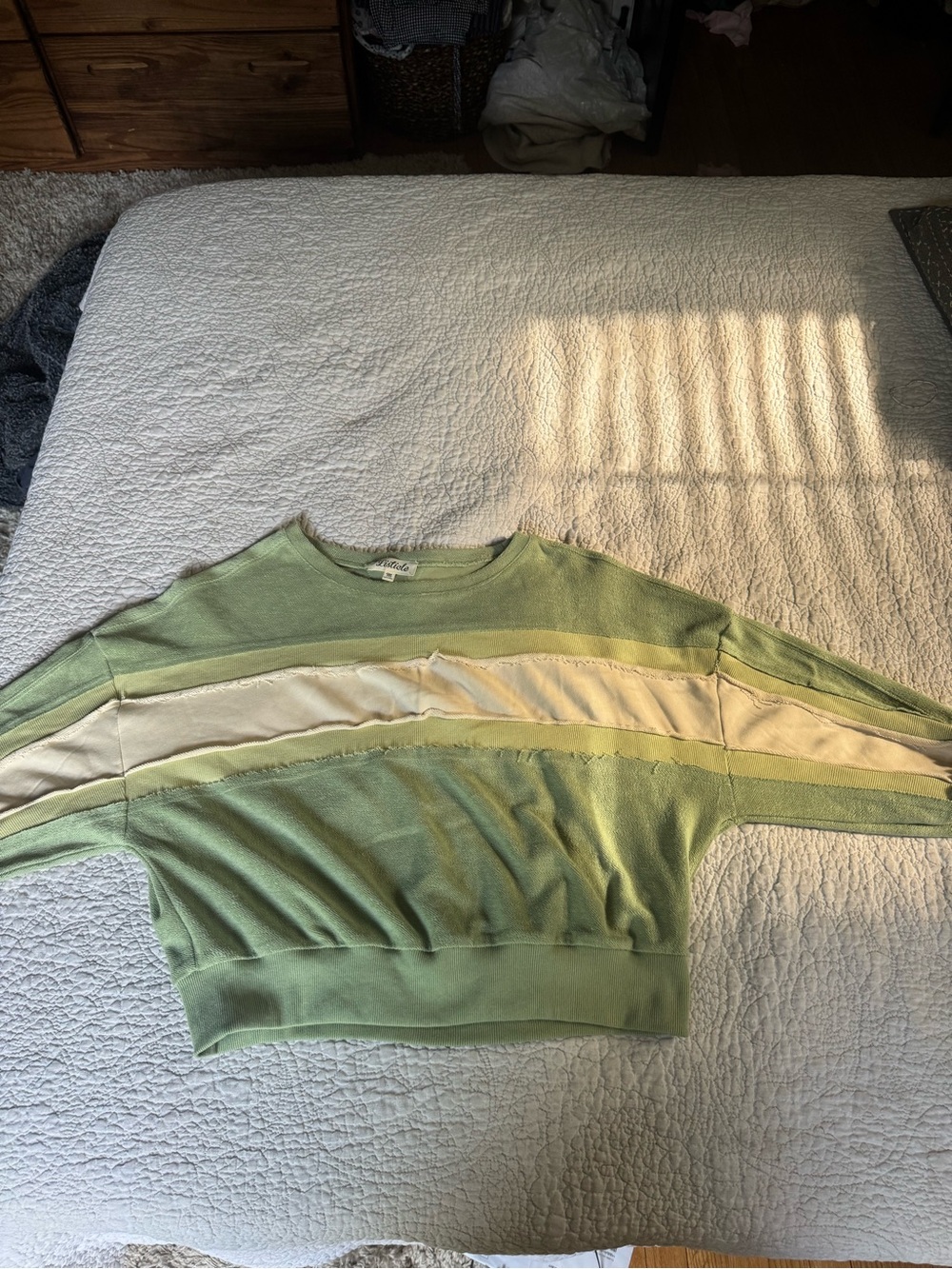 Listicle Light Green and Cream Striped Cropped Scoop Neck Sweater
